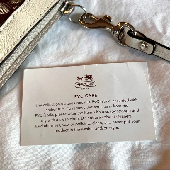Coach Wristlet NWOT Jacquard Logo Print Crean Leather Trim Brown Tan Exterior - Picture 14 of 15